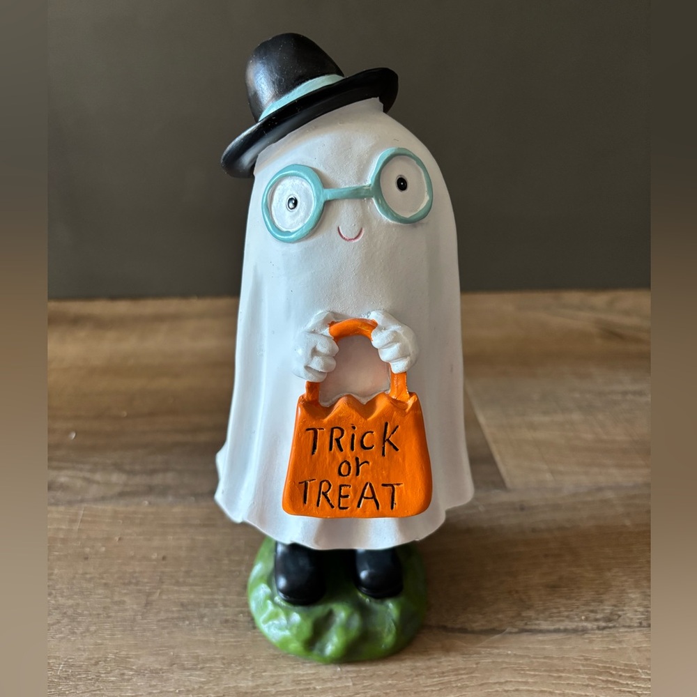Charming Halloween Ghost Figurine with Orange Bag